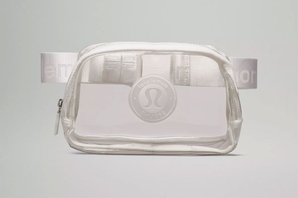 White clear belt bag with a lululemon logo