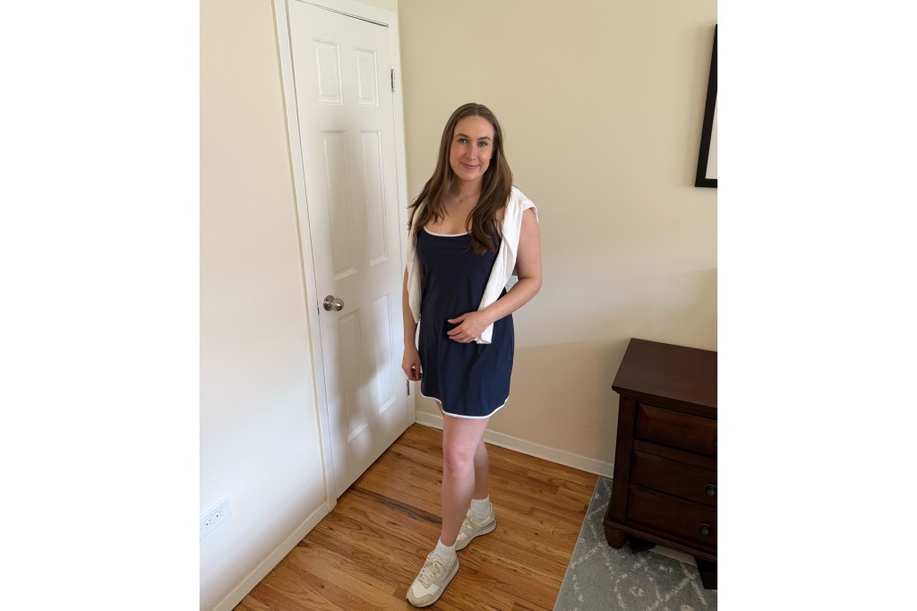 A woman in a blue dress