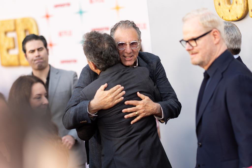 Michael Richards and Jerry Seinfeld attend the LA premiere of "Unfrosted" on April 30, 2024. 