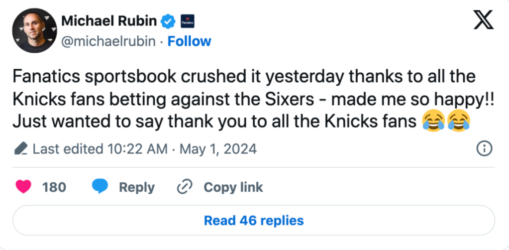 Michael Rubin's now-deleted tweet laughing at Knicks fan bets vs. 76ers.