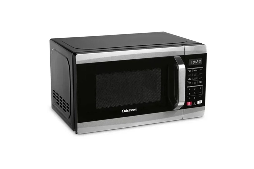 A black and silver microwave