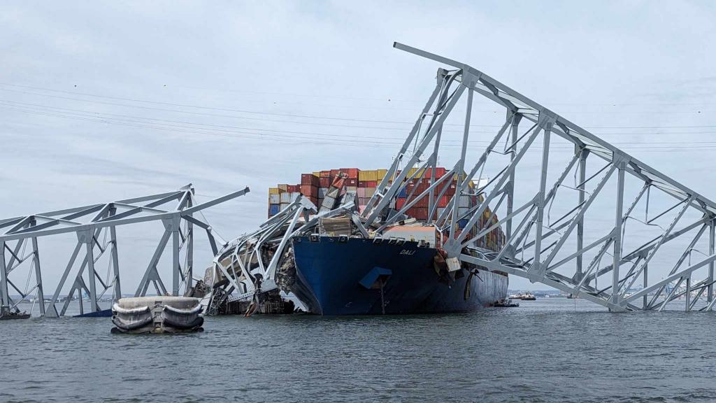 U.S. Army Corps of Engineers surveying the damage of the collapsed Francis Scott Key Bridge in Baltimore due to a ship collision