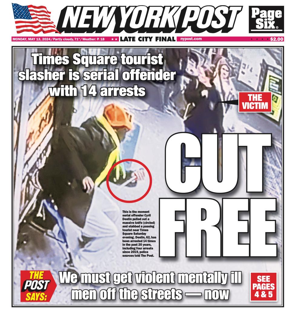 New York Post cover for Monday, May 13, 2024. Front Page. Times Square tourist slasher is serial offender with 14 arrests. Cut Free.