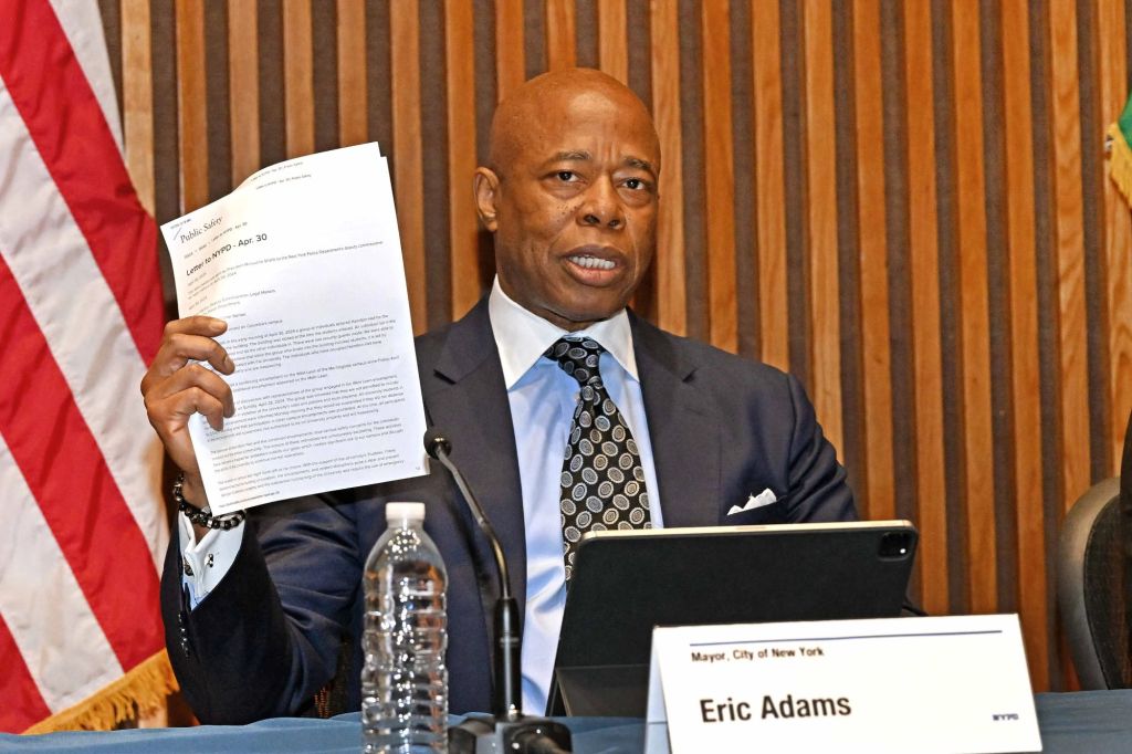 Mayor Adams holding a request from Columbia University asking the NYPD to clear out student protesters from the campus at a press conference on college protMayor Adams holding a request from Columbia University asking the NYPD to clear out student protesters from the campus at a press conference on college protests on May 1, 2024.ests on May 1, 2024.