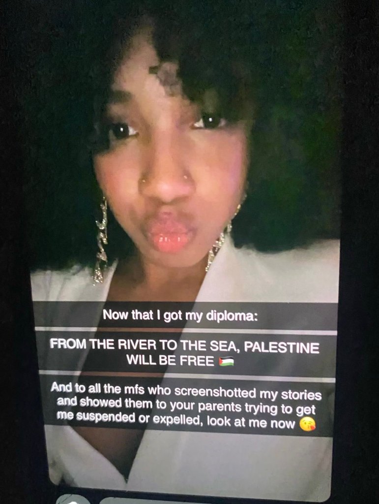 Screenshot of a snapchat sent by Paloma Hostin praising Palestine.