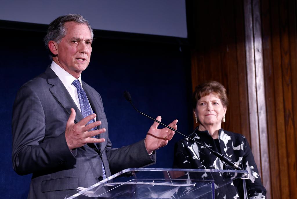 Rep. French Hill (R-AK) and Sen. Jeanne Shaeen (D-NH) speak at the 2024 Foley Freedom Awards at National Press Club on May 01, 2024 in Washington, DC.