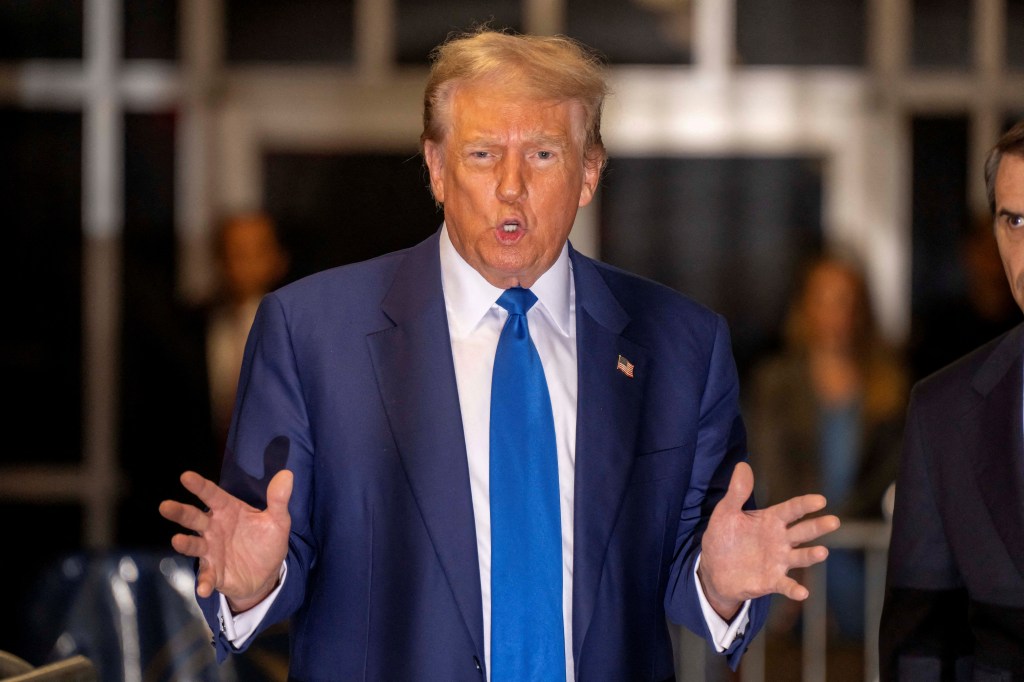 Former U.S. President Donald Trump addressing the press before entering the New York State Supreme Court for his criminal trial