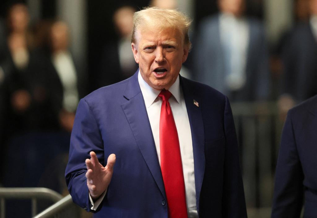 Former President Donald Trump, 77, is seen above outside a Manhattan courtroom on Monday.