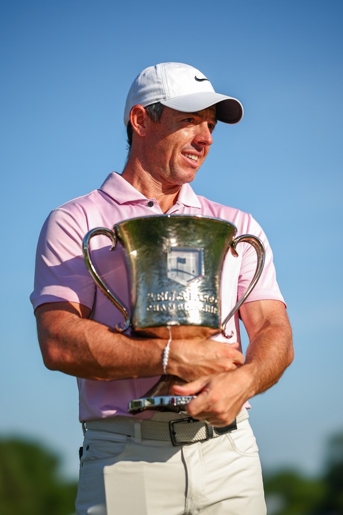 Rory McIlroy celebrates winning the Wells Fargo Championship on May 12, 2024.