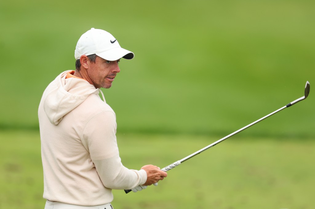 Rory McIlroy of Northern Ireland looks on during a practice round prior to the 2024 PGA Championship at Valhalla Golf Club.