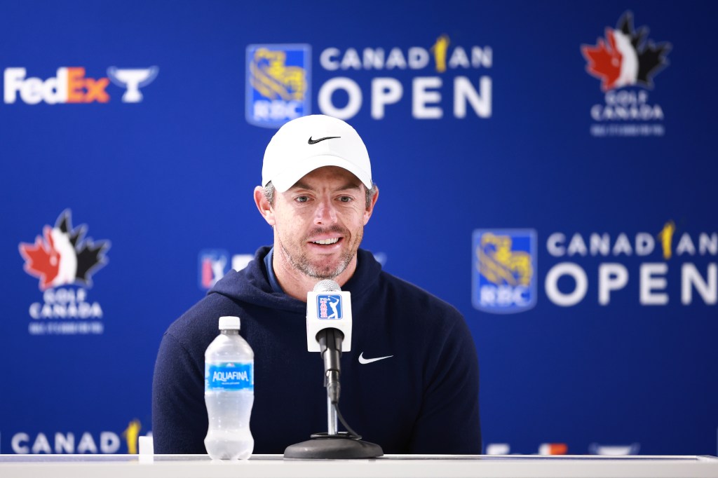 Rory McIlroy of Northern Ireland talks with the media following the Pro-Am of the RBC Canadian Open at the Hamilton Golf and Country Club on May 29, 2024 in Hamilton, Ontario, Canada. 