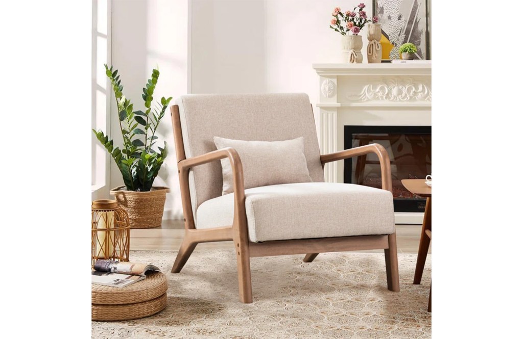 Hertford Upholstered Linen Blend Accent Chair with Wooden Legs and One Pillow
