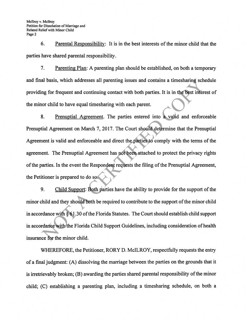 A court filing from attorney Thomas Sasser to dissolve the marriage between Rory McIlroy and Erica Stoll.