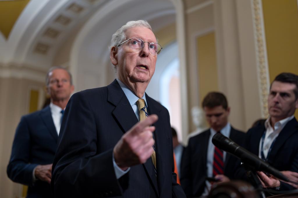 Senate Minority Leader Mitch McConnell, R-Ky., speaks with reporters following a Republican policy meeting, at the Capitol in Washington, Wednesday, May 8, 2024.