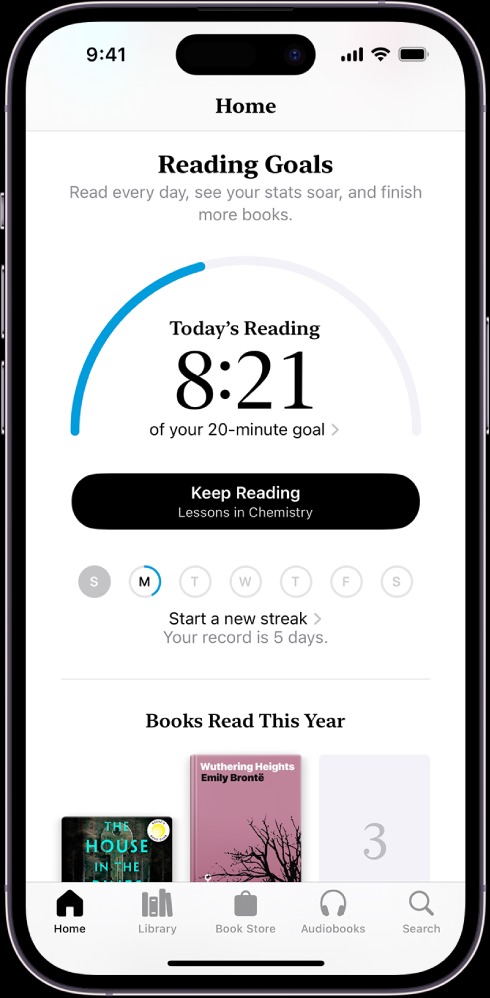 Screenshot of the Books app on an iPhone displaying features for setting reading goals and a counter for tracking reading time