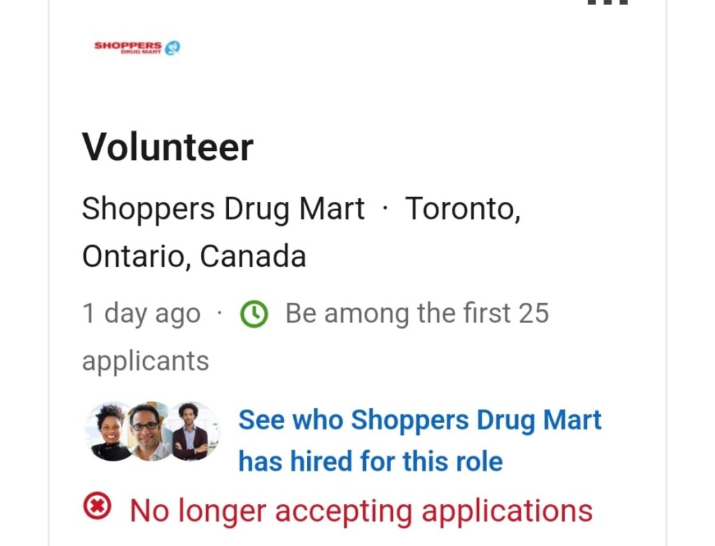 the listing for a "volunteer" at Shoppers drug mart in Toronto