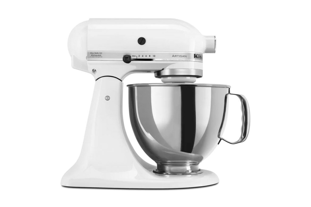 A white stand mixer with a bowl