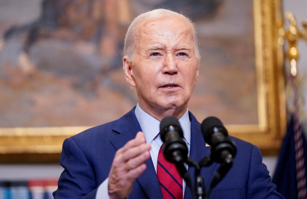 President Joe Biden speaks about student protests at U.S. universities, amid the ongoing conflict between Israel and Hamas, during brief remarks in the Roosevelt Room at the White House in Washington, U.S., May 2, 2024.