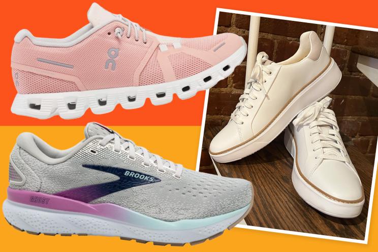 A collage of different women's walking shoes on a two colored background.