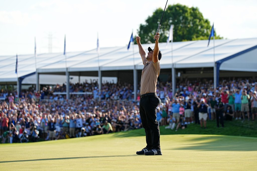 Xander Schauffele celebrates after winning the PGA Championship golf tournament at Valhalla Golf Club.