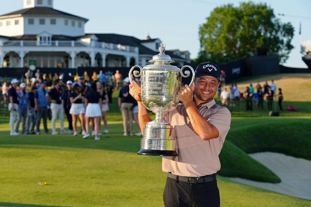 Xander Schauffele holds The Wanamaker Trophy after winning the PGA Championship.