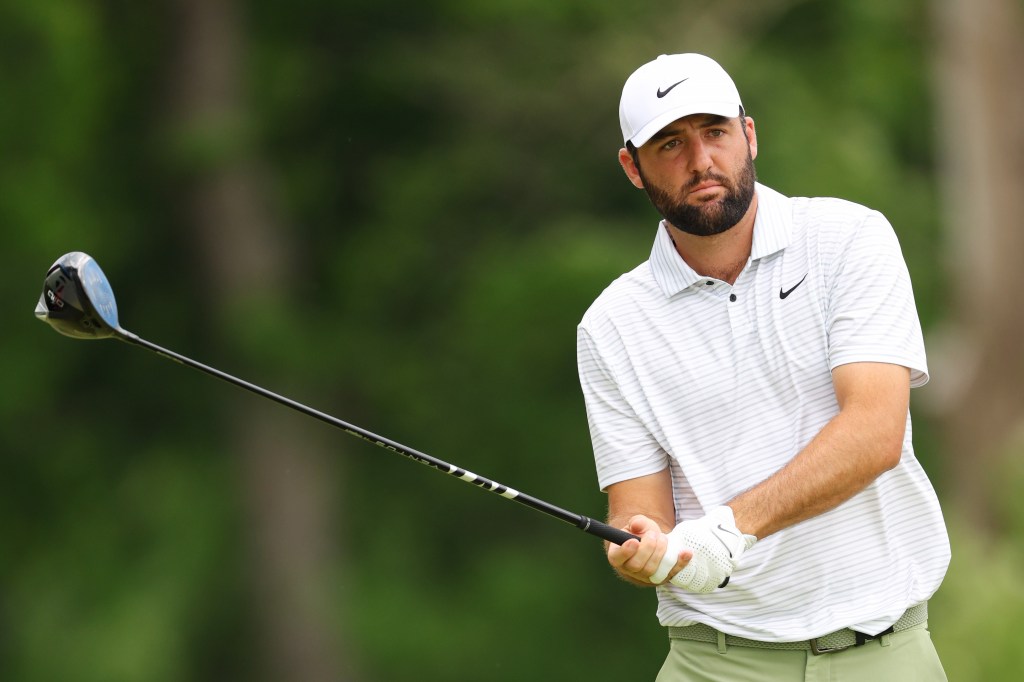 Scottie Scheffler of the United States prepares for his shot from the fifth tee during the first round of the 2024 PGA Championship at Valhalla Golf Club on May 16, 2024 in Louisville, Kentucky. 