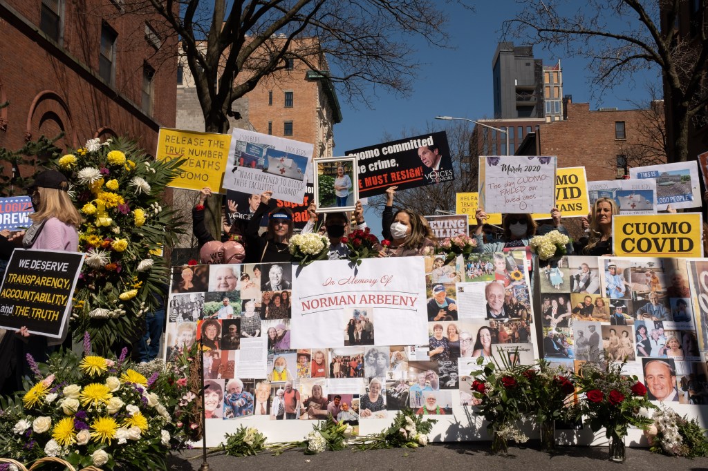 A memorial for the 15,000 elderly people who died during the COVID pandemic. Many blame Governor Cuomo who misrepresented the numbers of nursing home deaths.