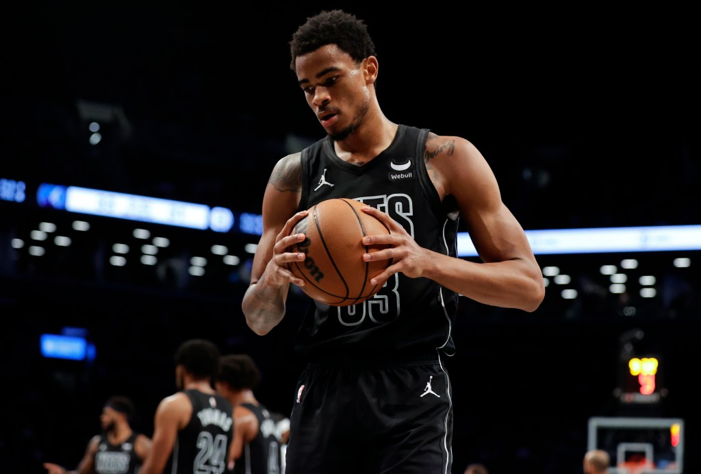 Brooklyn Nets center Nic Claxton reacts during his teams game against the Minnesota Timberwolves in the first half at the Barclays Center in Brooklyn, New York, USA, Thursday, January 25, 2024.