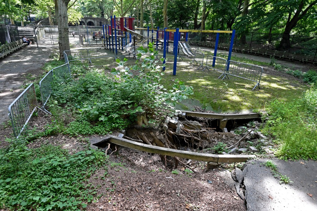 One of several sinkholes that have left the Dinosaur Playground closed off, leaving families frustrated 