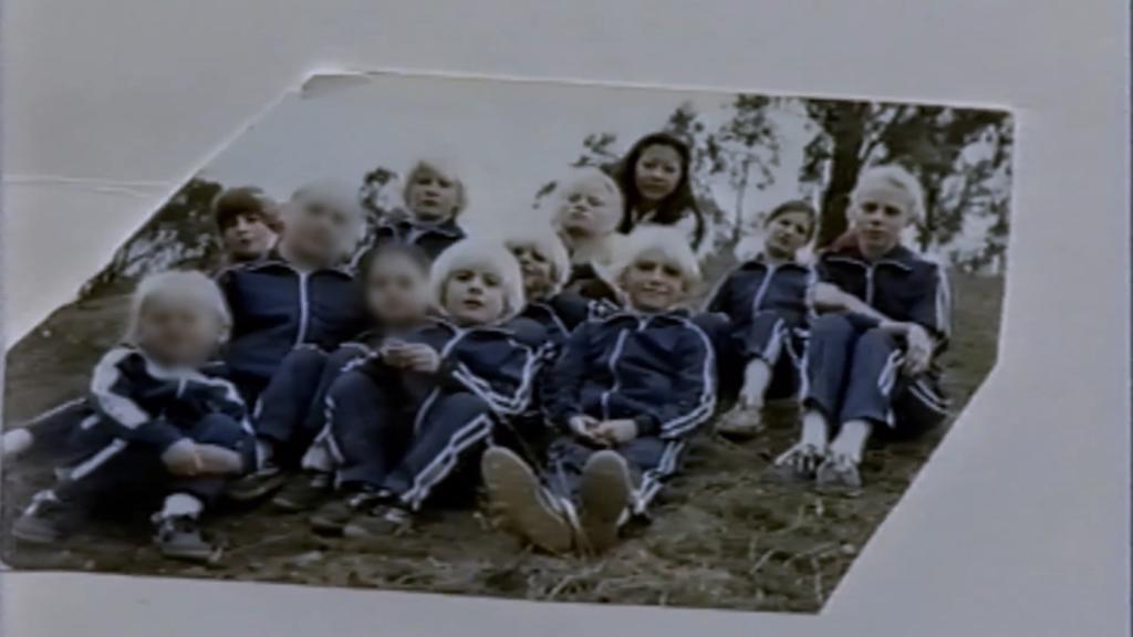 A group of children in matching outfits and dyed blonde hair, implied to be members of The Family cult during the 1960s to 1990s in Melbourne, Australia