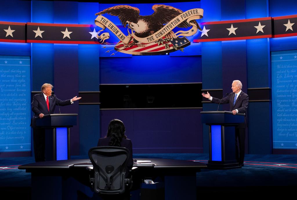 US President Donald Trump and Democratic candidate Joe Biden on stage during the final presidential debate at Belmont University, Nashville, USA, on 22 Oct 2020.