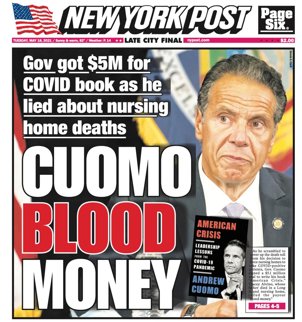 New York Post cover for Tuesday, May 18, 2021. Front page. Gov got $5M for COVID book as he lied about nursing home deaths.