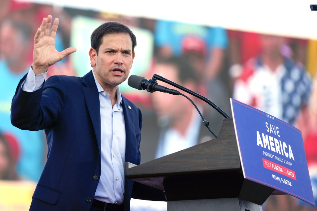 Senator Marco Rubio speaking at a campaign rally in Miami, potentially on Donald Trump's vice presidential shortlist for 2024