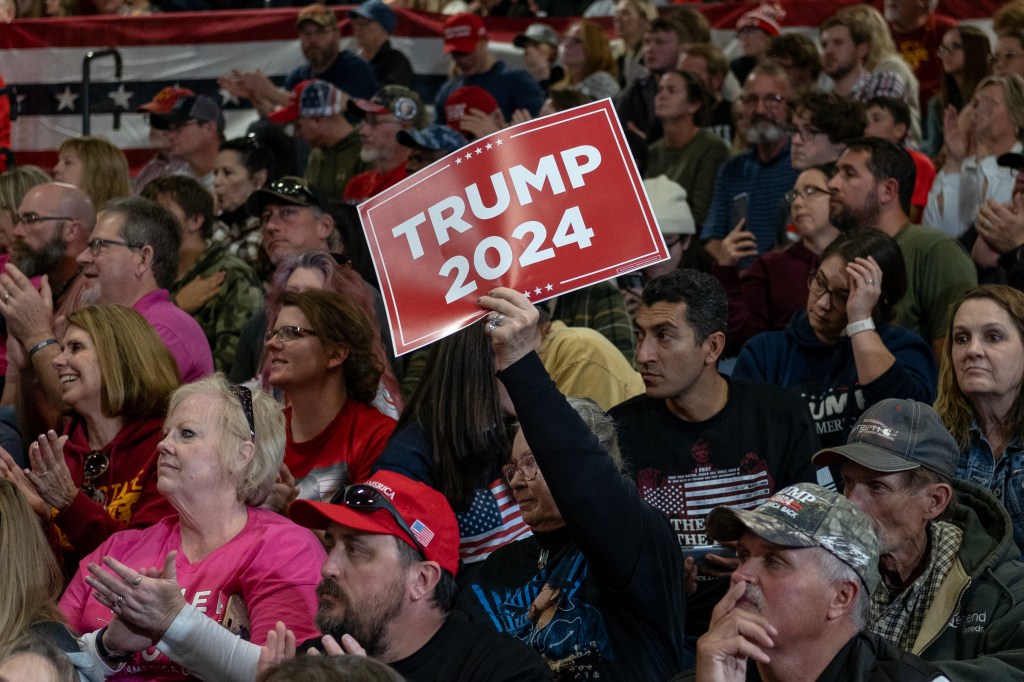 Trump supporters  at a rally in Ford Dodge, Iowa on Nov. 18, 2023.