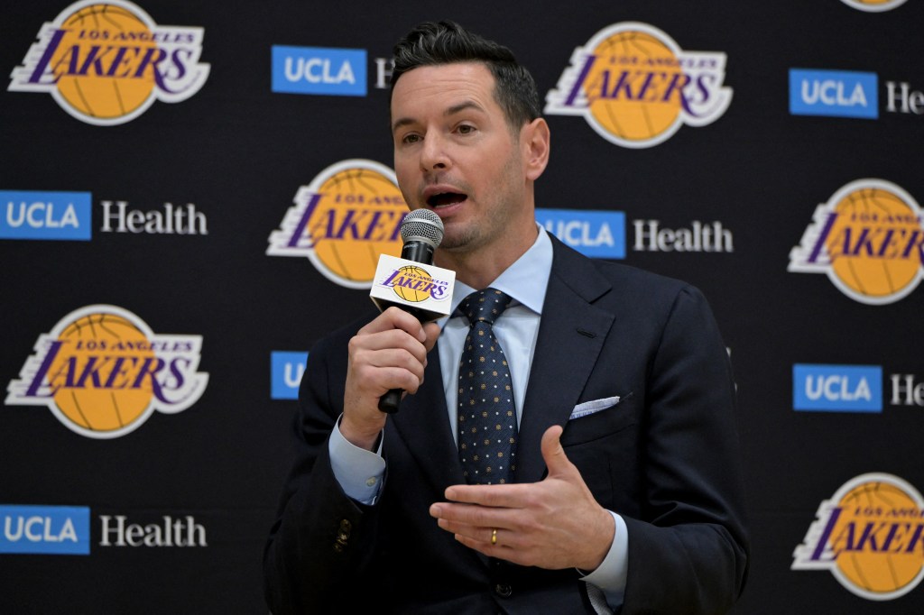 Los Angeles Lakers head coach JJ Redick speaks to the media during an introductory news conference at the UCLA Health Training Center.