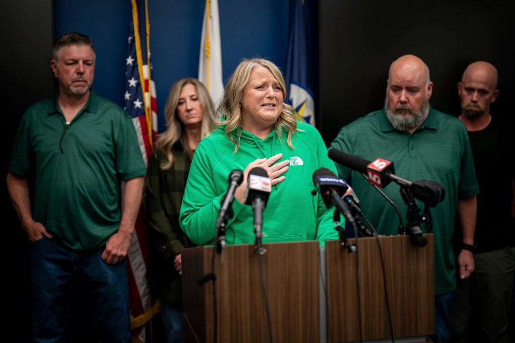 Strain's mother Michelle Strain Whiteid speaking at a press conference after his body was found on March 22, 2024.