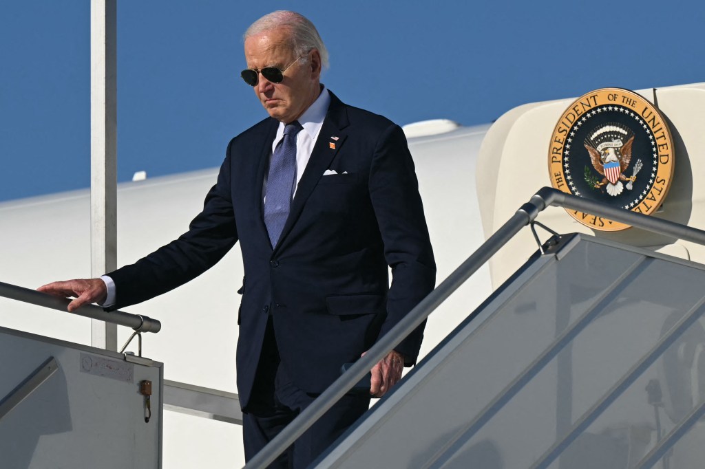 US President Joe Biden disembarking Air Force One at Orly airport outside Paris