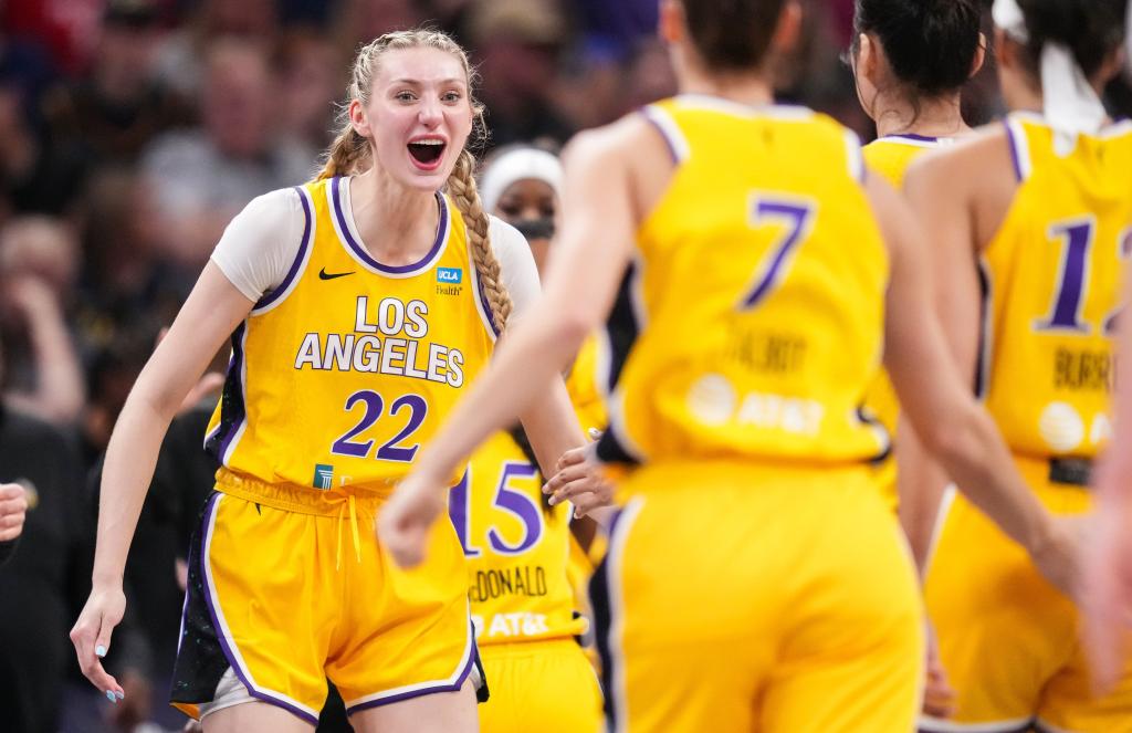 Cameron Brink yells in excitement in a game against the Fever.