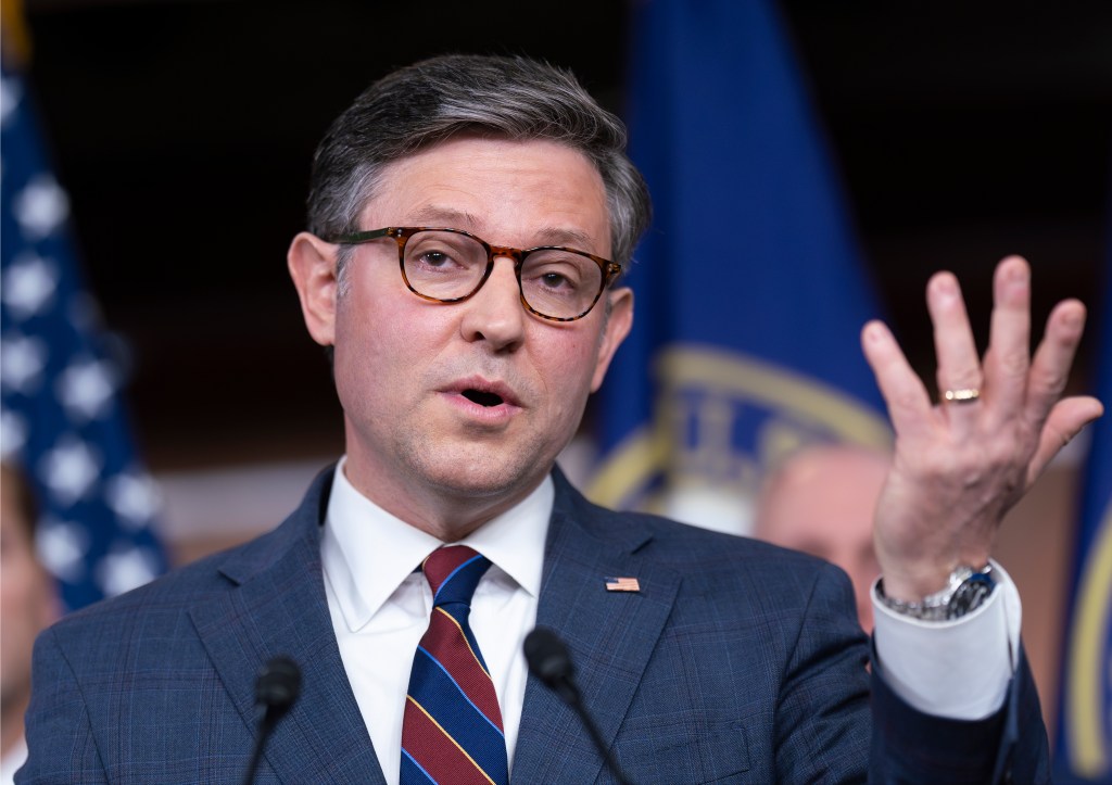 Speaker of the House Mike Johnson, R-La., and other Republican leaders meet with reporters at the Capitol in Washington, June 4, 2024.