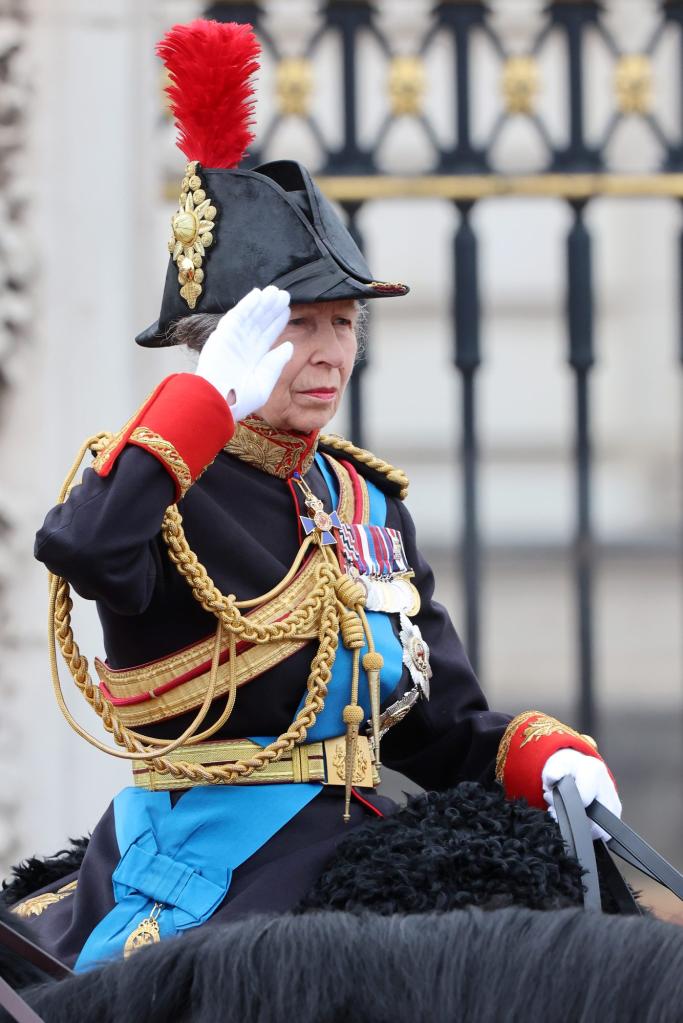 Princess Anne, in military uniform, saluting during Trooping the Colour ceremony at Buckingham Palace, London in 2024