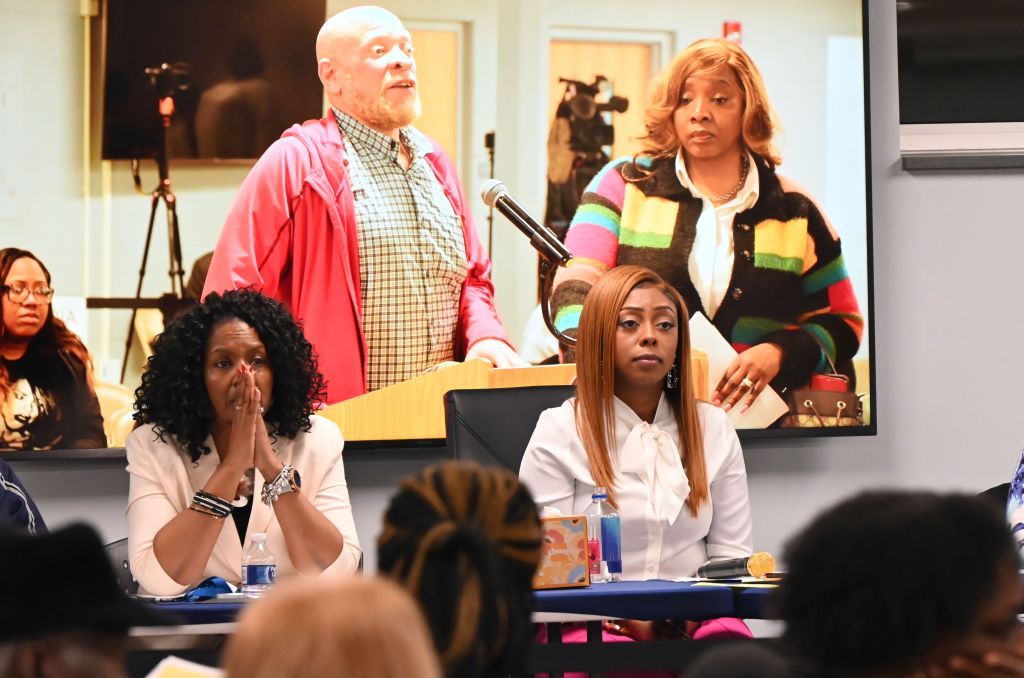 Tiffany Henyard, Thornton Township Supervisor and Mayor of Dolton, expressing frustration during a township meeting in Illinois, United States, on April 9, 2024.