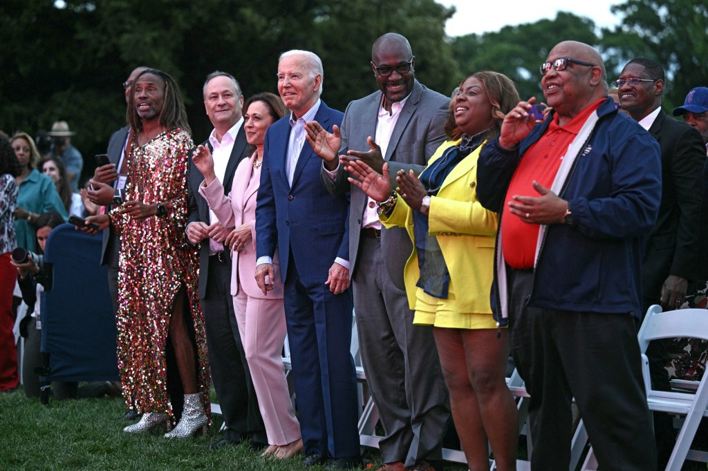 US actor Billy Porter (L), US Second Gentleman Doug Emhoff (2nd L), US Vice President Kamala Harris, US President Joe Biden, Philonise Floyd (3rd R), George Floyd's brother, and his wife Keeta Floyd (2nd R), attend a Juneteenth Concert in the South Lawn of the White House in Washington, DC on June 10, 2024.