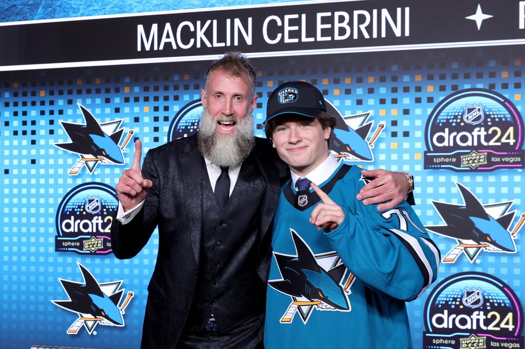 Joe Thornton, left, poses for a photo with Macklin Celebrini after being selected by the the San Jose Sharks with the first overall pick during the first round of the 2024 Upper Deck NHL Draft at Sphere on June 28, 2024 in Las Vegas, Nevada.