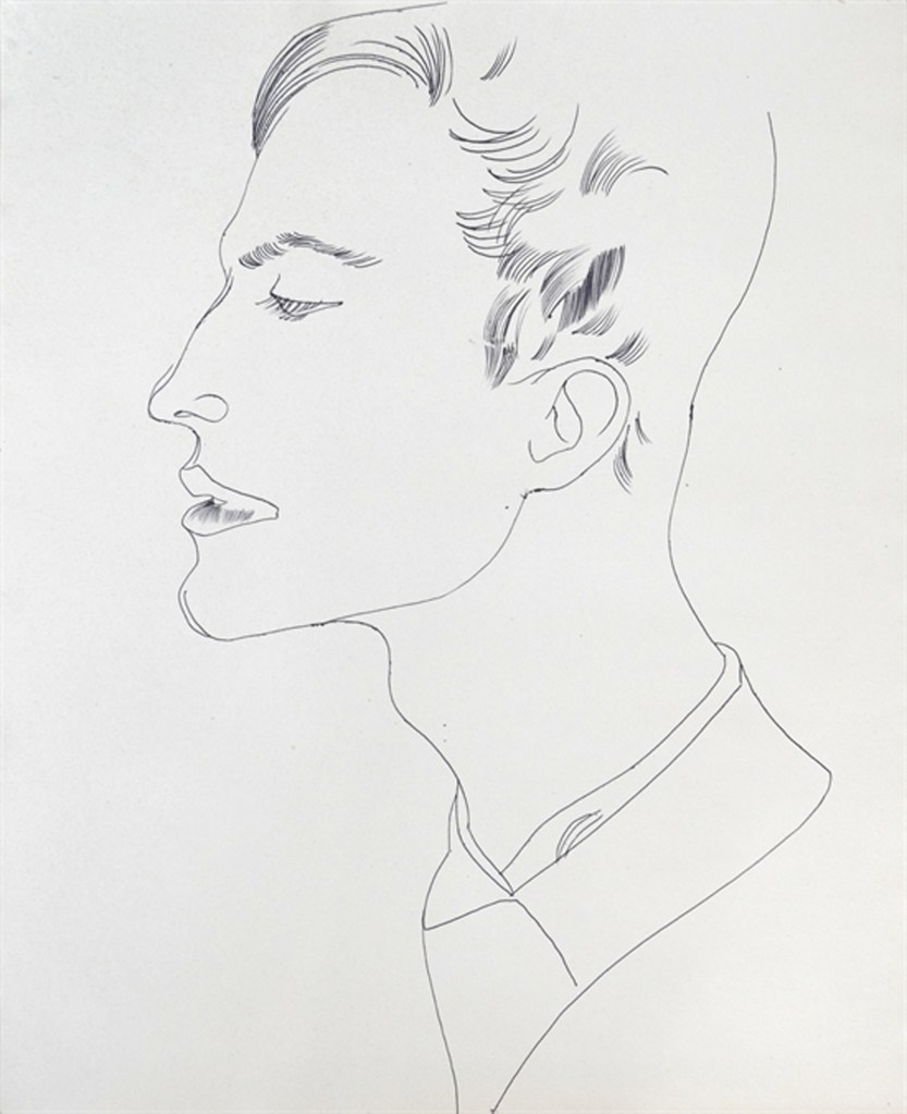 A photo of a black ballpoint pen on paper piece, "Young Man in Profile," circa 1956, which is among the Warhol items up for sale. 