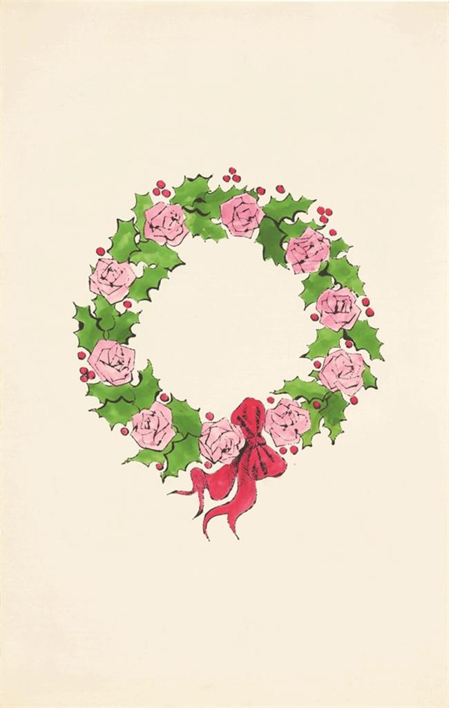 A photo of an ink and watercolor on paper Christmas wreath.