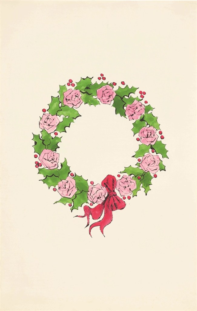 A photo of an ink and watercolor on paper Christmas wreath.