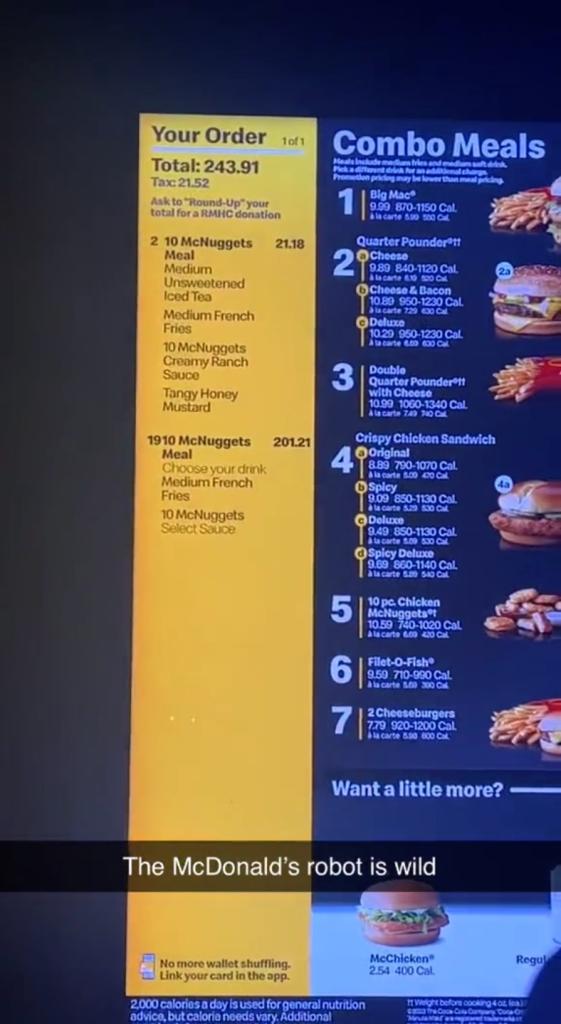 AI added more than 20 orders of a McNuggets Meal worth some $222.