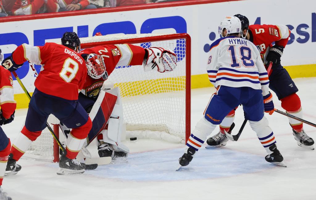 Connor McDavid (not pictured) scores a goal on Sergei Bobrovsky as Zach Hyman looks on during the Oilers' Game 5 victory.