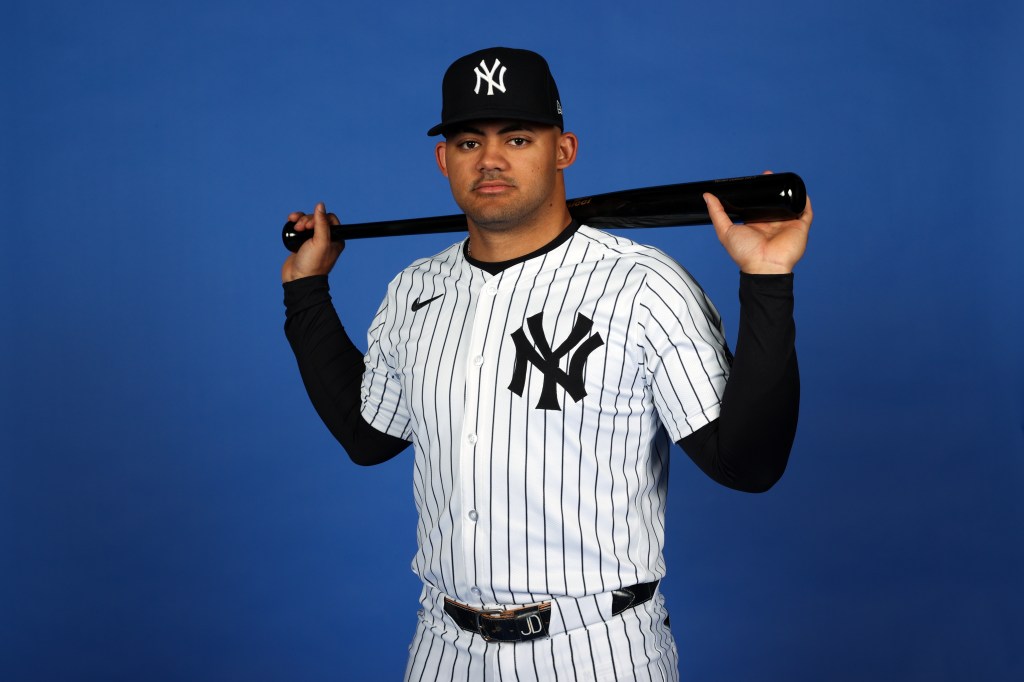 Jasson Domínguez poses for a portrait during New York Yankees Photo Day at George M. Steinbrenner Field on February 21, 2024 in Tampa, Florida. 