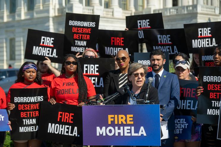 American Federation of Teachers President Randi Weingarten urges the Biden Administration to terminate the contract of federal student loan servicer MOHELA during a rally the Capitol on Wednesday, May 22, 2024.